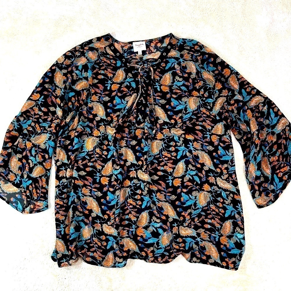 HAYDEN Floral Blouse Semi-Sheer Lace-up Front Bell Sleeves XL Nautical Beachy